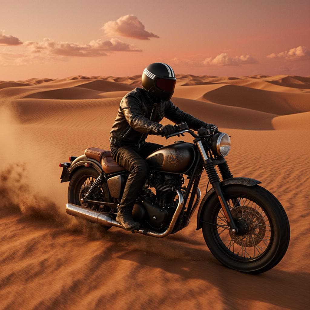 Vintage motorcycle in desert by Flux Krea