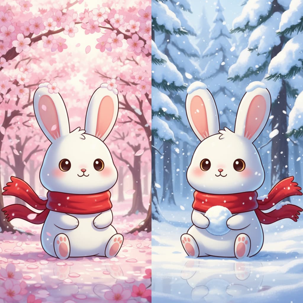 Cartoon rabbit in different seasons by Nano Banana