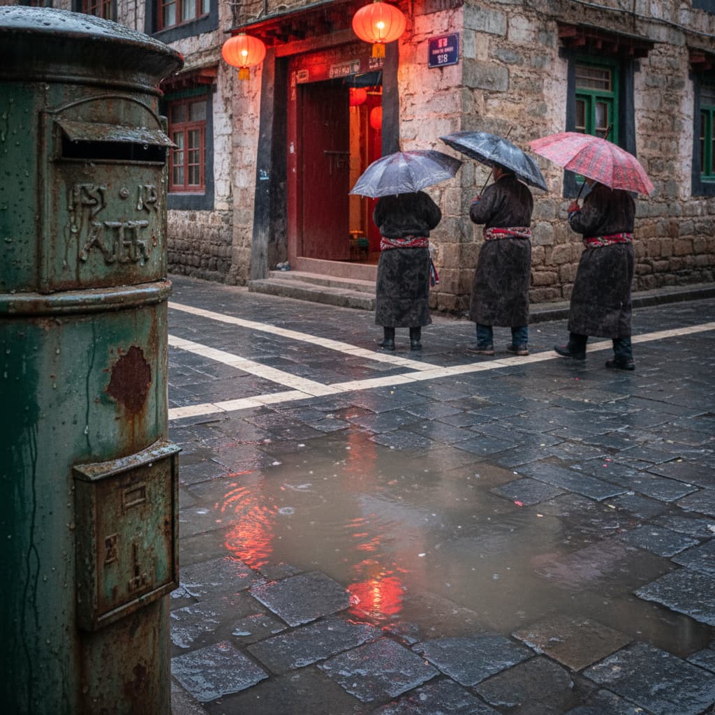 Rainy street corner by Nano Banana