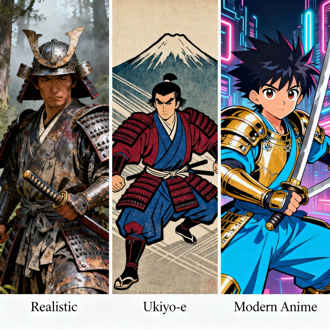 Samurai in different styles by Seedream 4.0