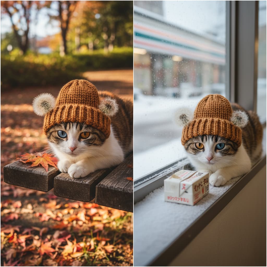 Cat in different seasons by Nano Banana