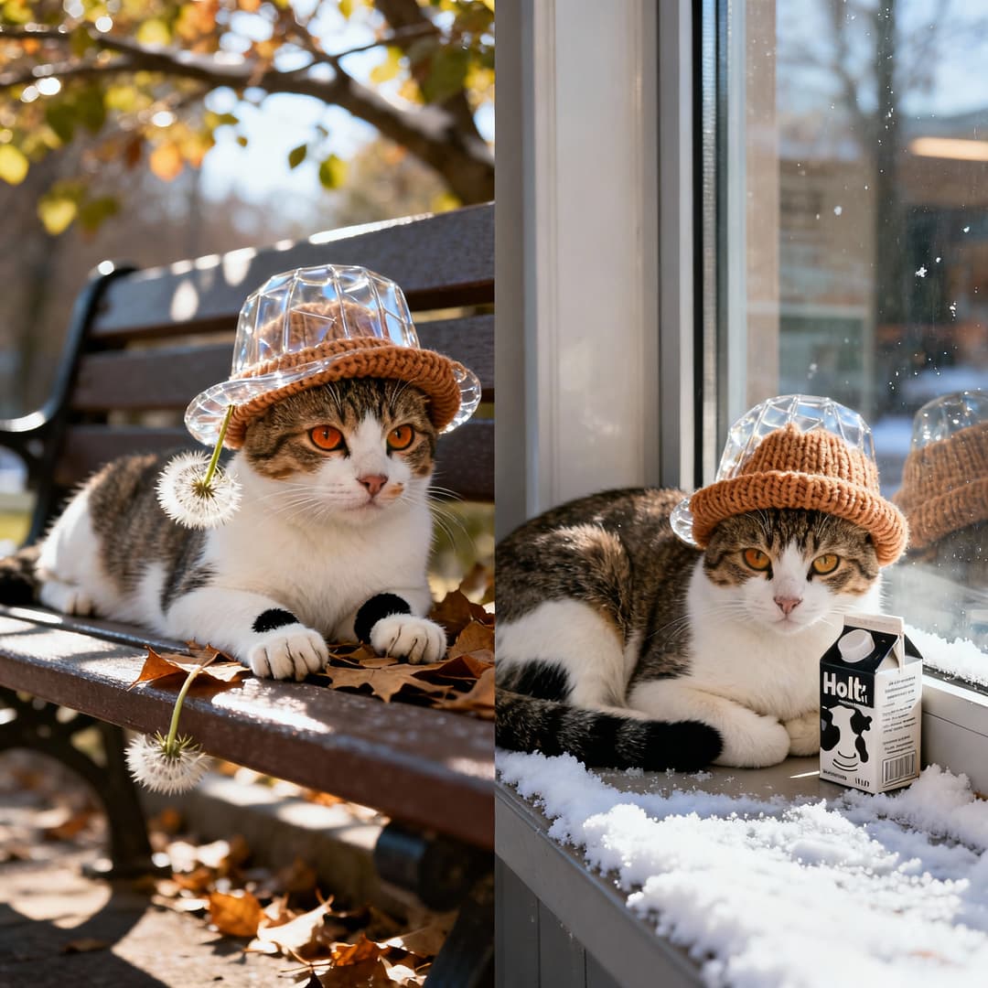 Cat in different seasons by Seedream 4.0