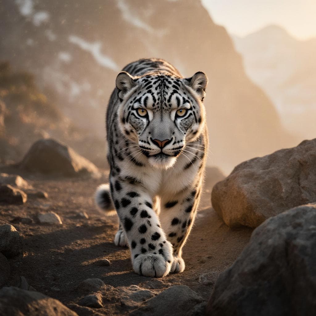 A close-up wildlife photograph of a snow leopard walking through a rocky mountain terrain, misty background, golden hour lighting, shot on telephoto lens, National Geographic style