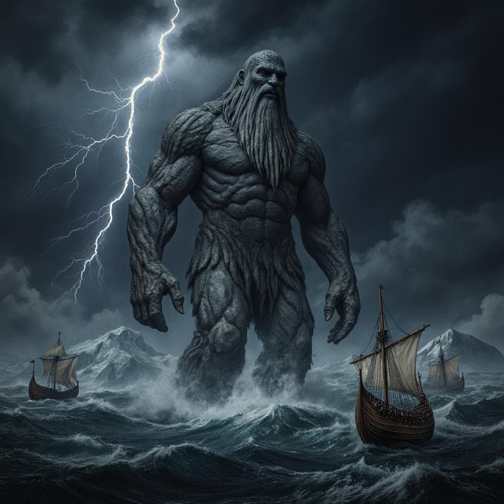 An epic, wide-shot of the last giant, a being made of mountain stone and ancient glaciers, walking slowly through a stormy sea as a tiny fleet of Viking longships circles it bravely. Lightning cracks across the dark sky, illuminating the scale difference. Cinematic, grand, atmospheric, fantasy painting.