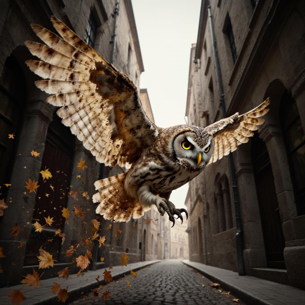 A low-angle, dynamic shot of a messenger owl made of swirling autumn leaves and shattered parchment, diving at incredible speed through a narrow, ancient city alley. Motion blur on the wings, a trail of loose leaves and ink droplets behind it. Dutch angle, sense of urgency and motion, fantasy illustration.