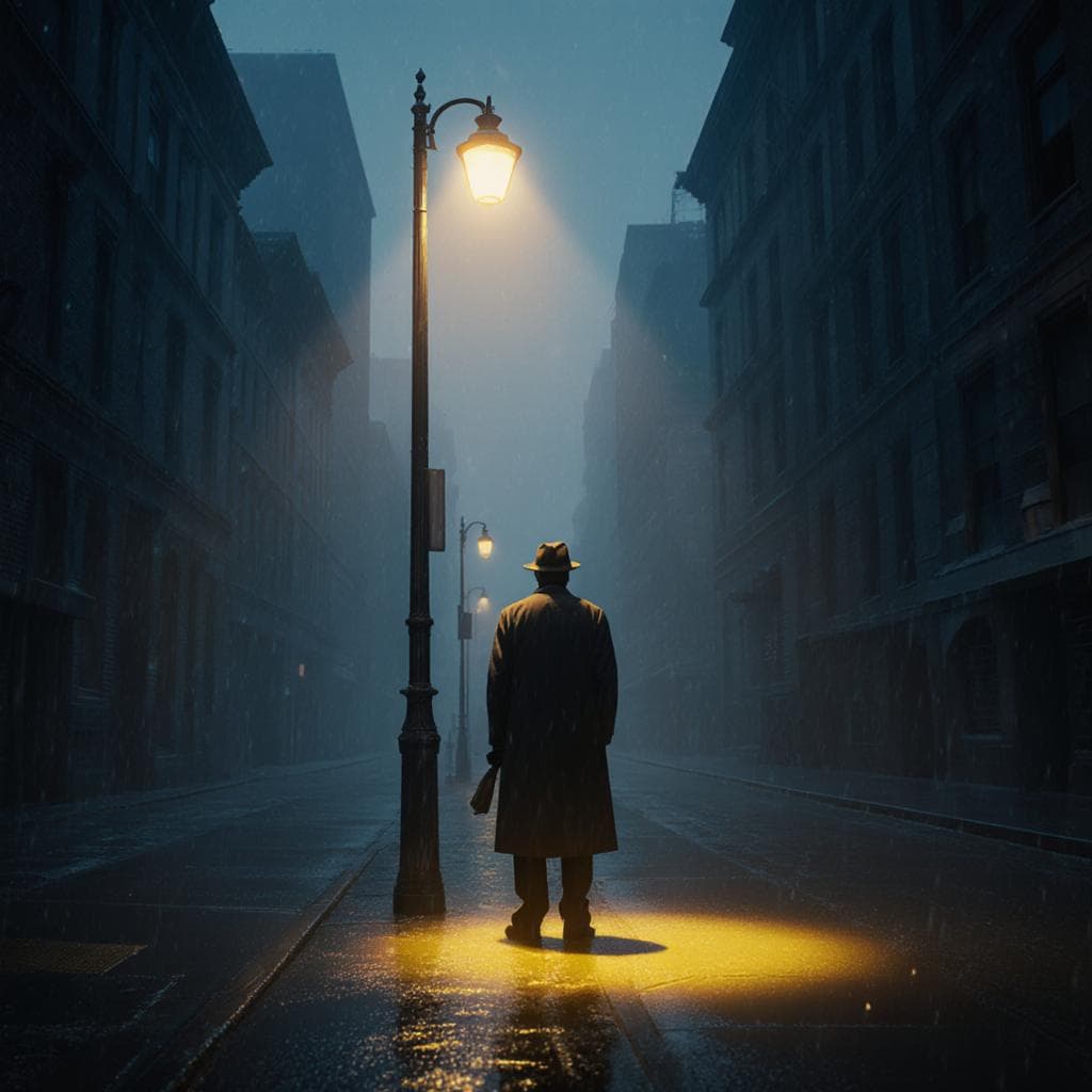 A lone detective stands under a flickering streetlamp in a rain-slicked, noir city street. The only colors are deep blues and a single pool of intense golden yellow light, which reflects brilliantly on the wet pavement. Volumetric fog, long shadows, high contrast, moody and atmospheric, film noir poster.