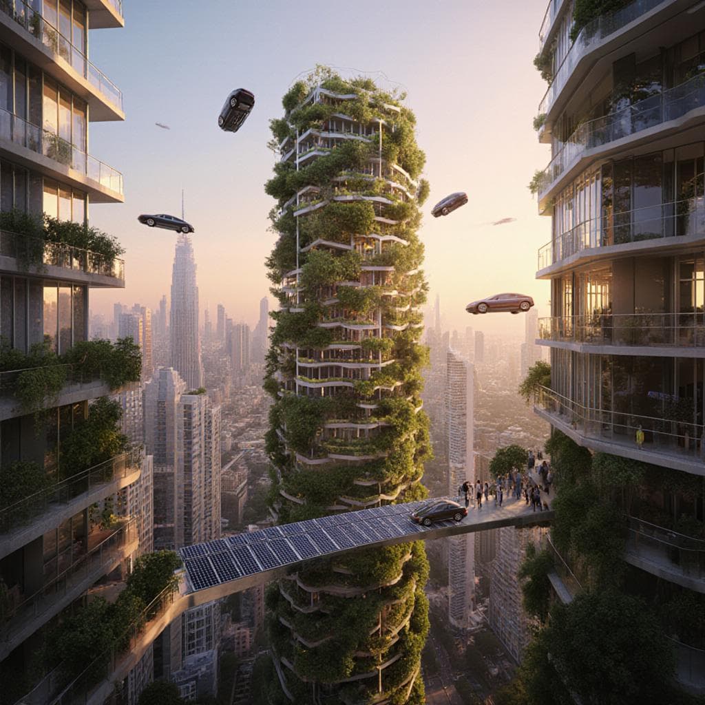 A futuristic sustainable city with vertical gardens on skyscrapers, solar panels, flying electric vehicles, pedestrian walkways connecting buildings at various levels, sunset lighting