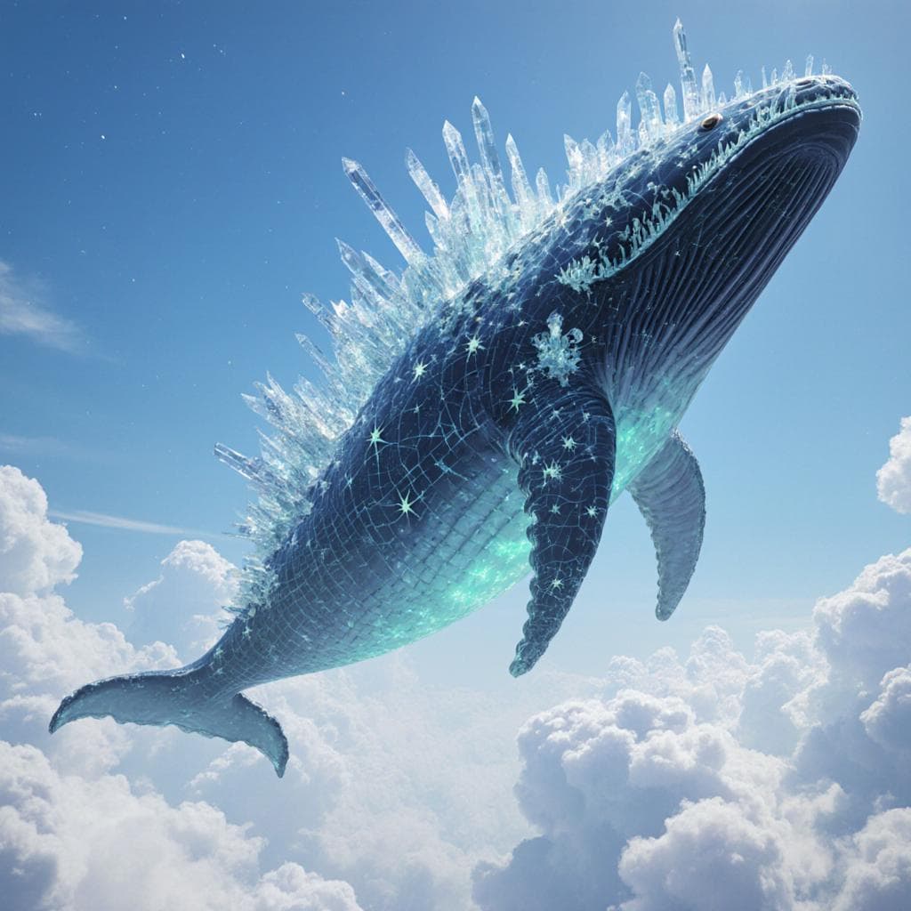 A concept art design sheet of a "Sky Whale", a colossal creature with crystalline formations growing on its back, floating serenely above the clouds. Its skin has the pattern of a star chart and its underbelly glows with a soft bioluminescence. Majestic, serene, imaginative, high fantasy.
