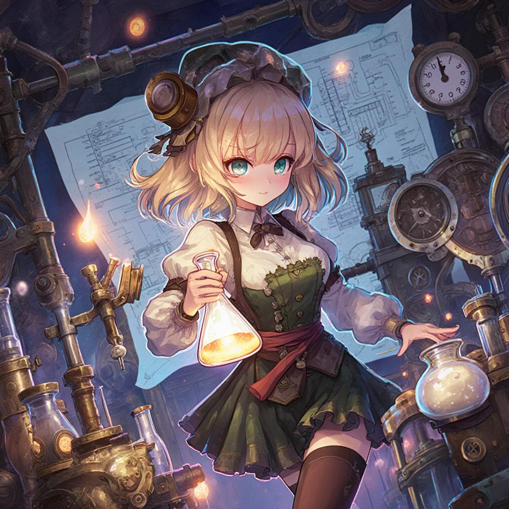 Character design of a bright-eyed young alchemist in a steampunk laboratory, in the style of a modern anime key visual. She holds a glowing flask, with intricate tools and blueprints floating around her. Vibrant color palette, cel-shaded, expressive eyes, dynamic pose, detailed background.
