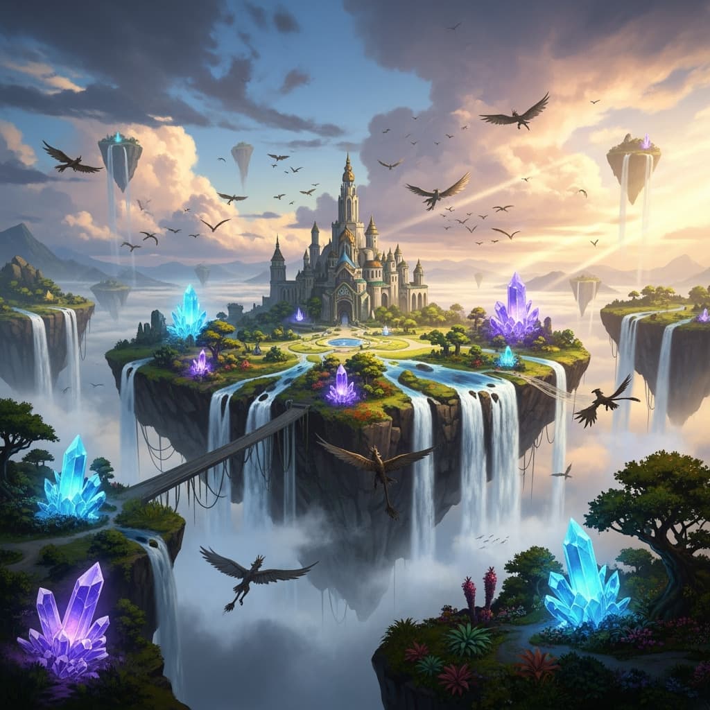A majestic floating island castle in the clouds