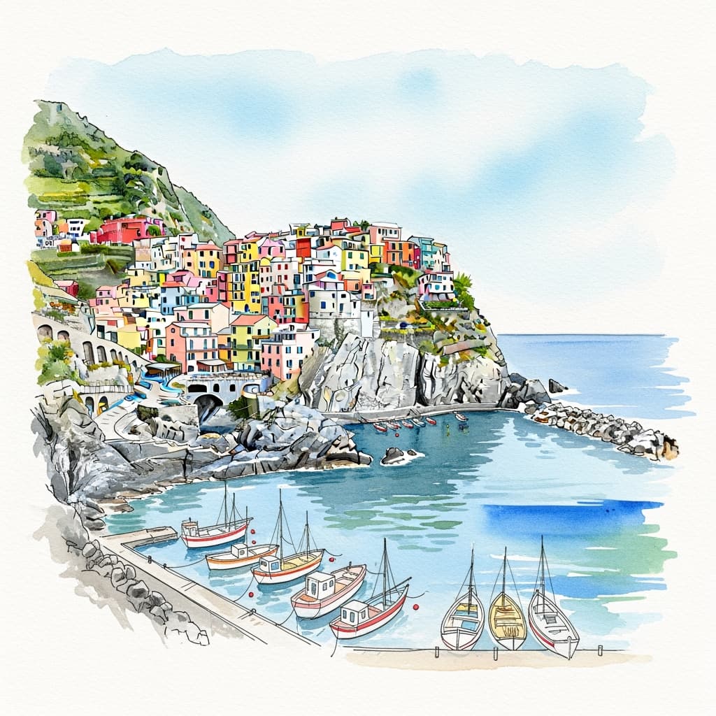 A watercolor illustration of a coastal village