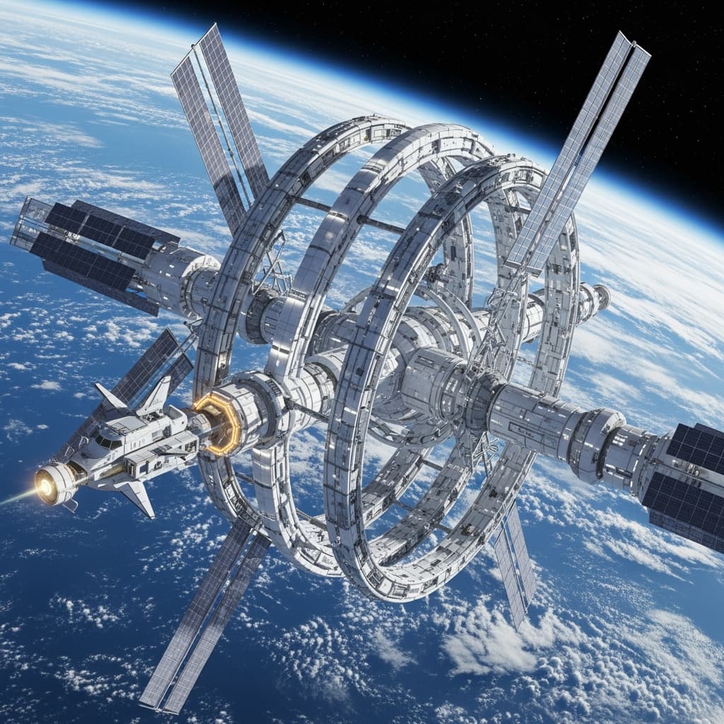 An architectural visualization of a space station