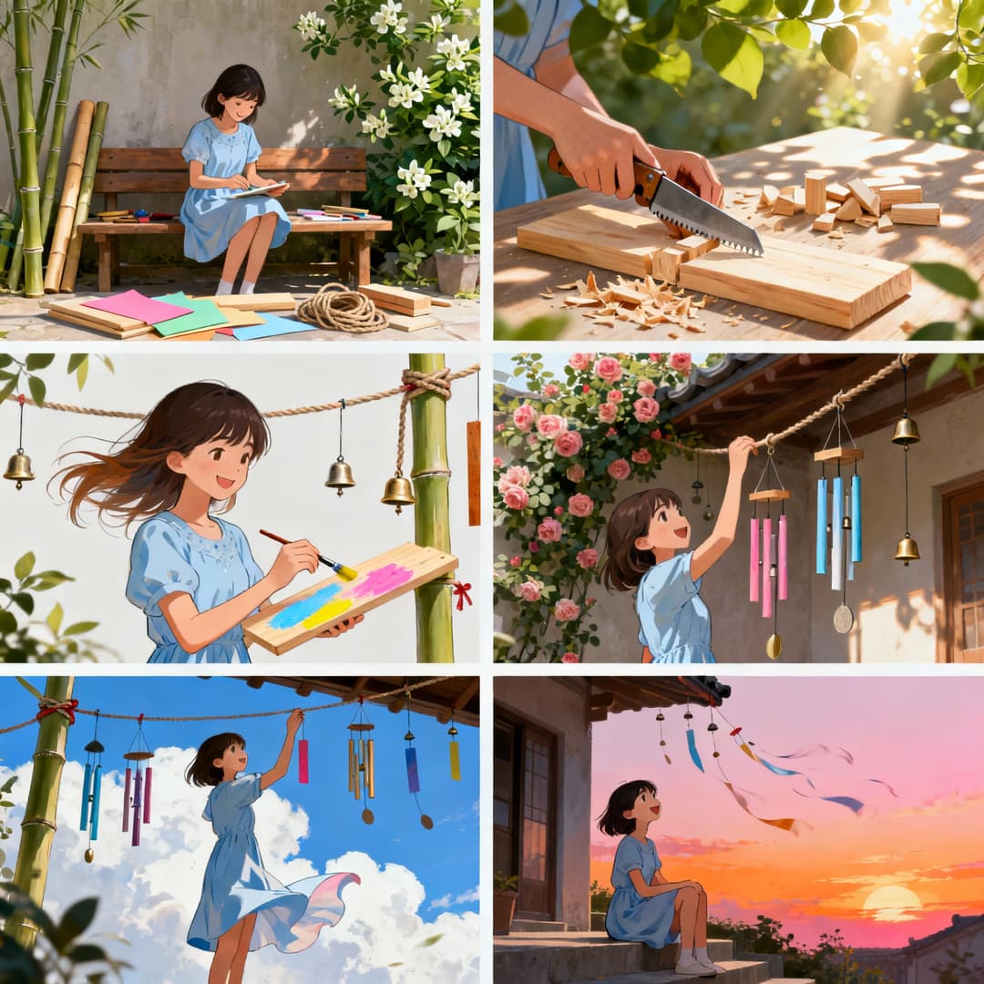 Generate multiple images in 3:4 aspect ratio, 6 panels total, fresh Japanese anime style, story about making wind chimes