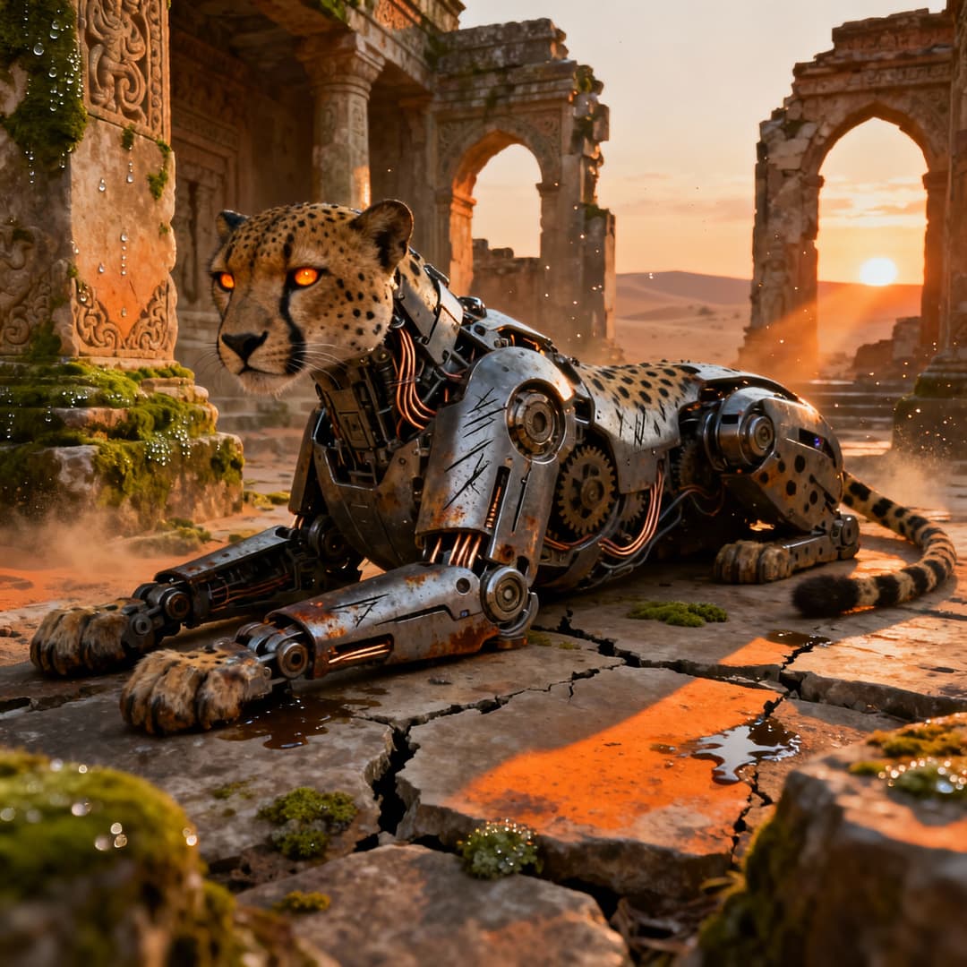 A mechanical cheetah lying on ancient stone temple ruins at sunset. Requirements: 4K resolution output, clearly showing wear scratches on the metal shell and complex mechanical structure, while reflecting the wet texture of moss on stone pillars and warm diffuse reflection of sunset light. Photorealistic.