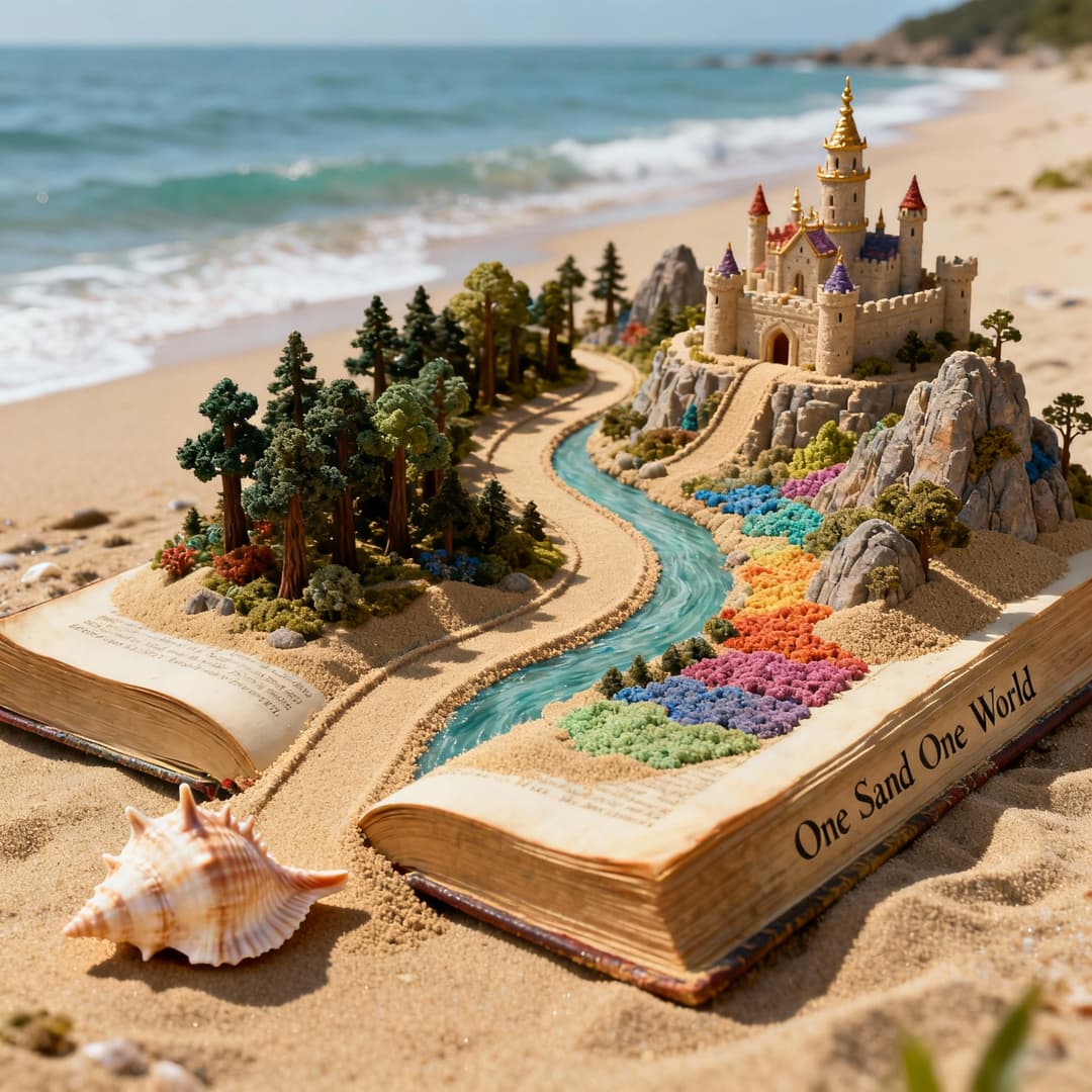 Theme: 'A World in a Grain of Sand' - a grand miniature landscape photography. Content: A winding sand path through various terrains, starting from a real seashell on the beach, the main body is on an open ancient book page, with forests, castles and galaxies carefully built with colored sand. Visual style: surrealism, focus stacking technique, extremely sharp, lighting with divine quality.