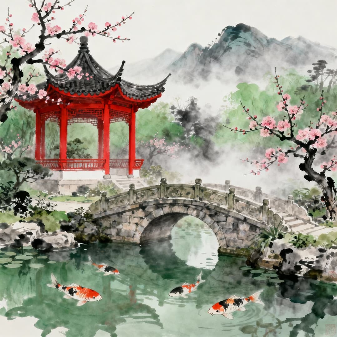 A serene traditional Chinese garden with a red pavilion, stone bridge over a koi pond, blooming plum trees, mountains in the background, morning mist, in the style of traditional Chinese landscape painting