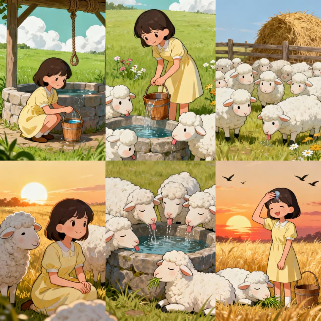 Generate multiple images in 3:4 aspect ratio, 6 panels total, Q-version healing style, story about fetching water to feed sheep