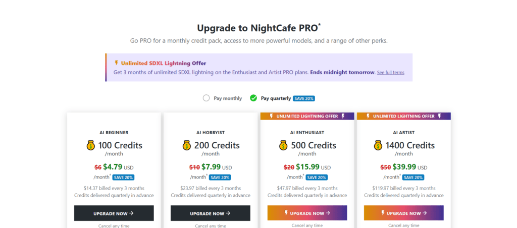 nightcafe studio Plans and Pricing